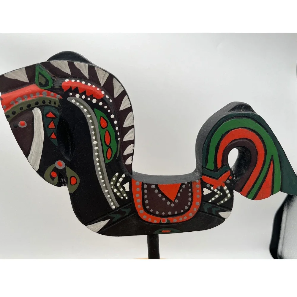 Painted Wooden Horse Folk Art Figurine on Black Pedestal Stand Pier 1